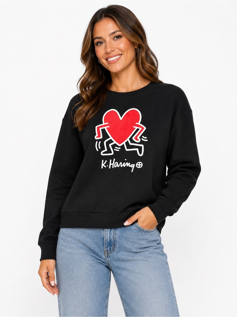 K. Haring Black Crewneck Sweater with Red Heart Graphic